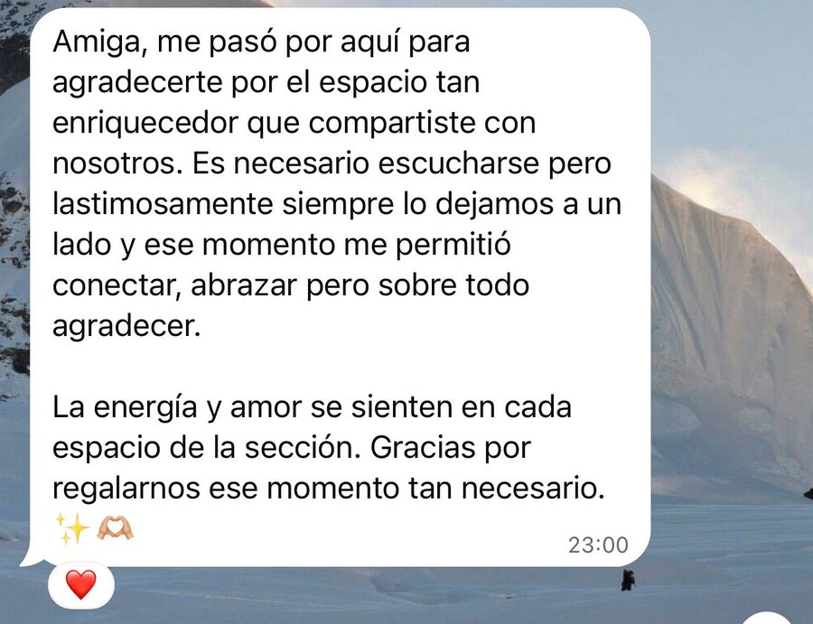 Mensaje de WhatsApp de una participante agradeciendo el espacio y el momento tan necesario